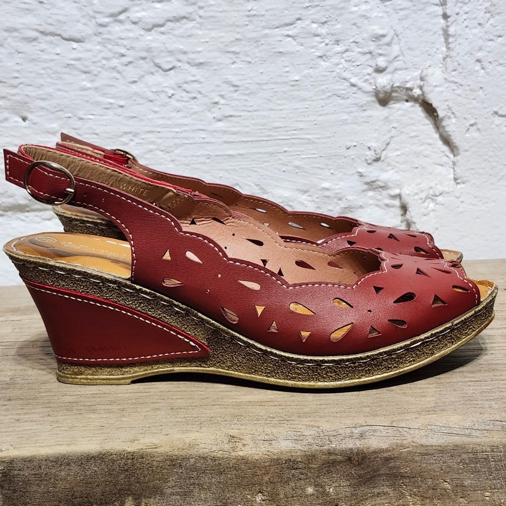 Patrizia by Spring Step Red Wedge Sandals Peep Toe Laser Cut Slingback Women 9